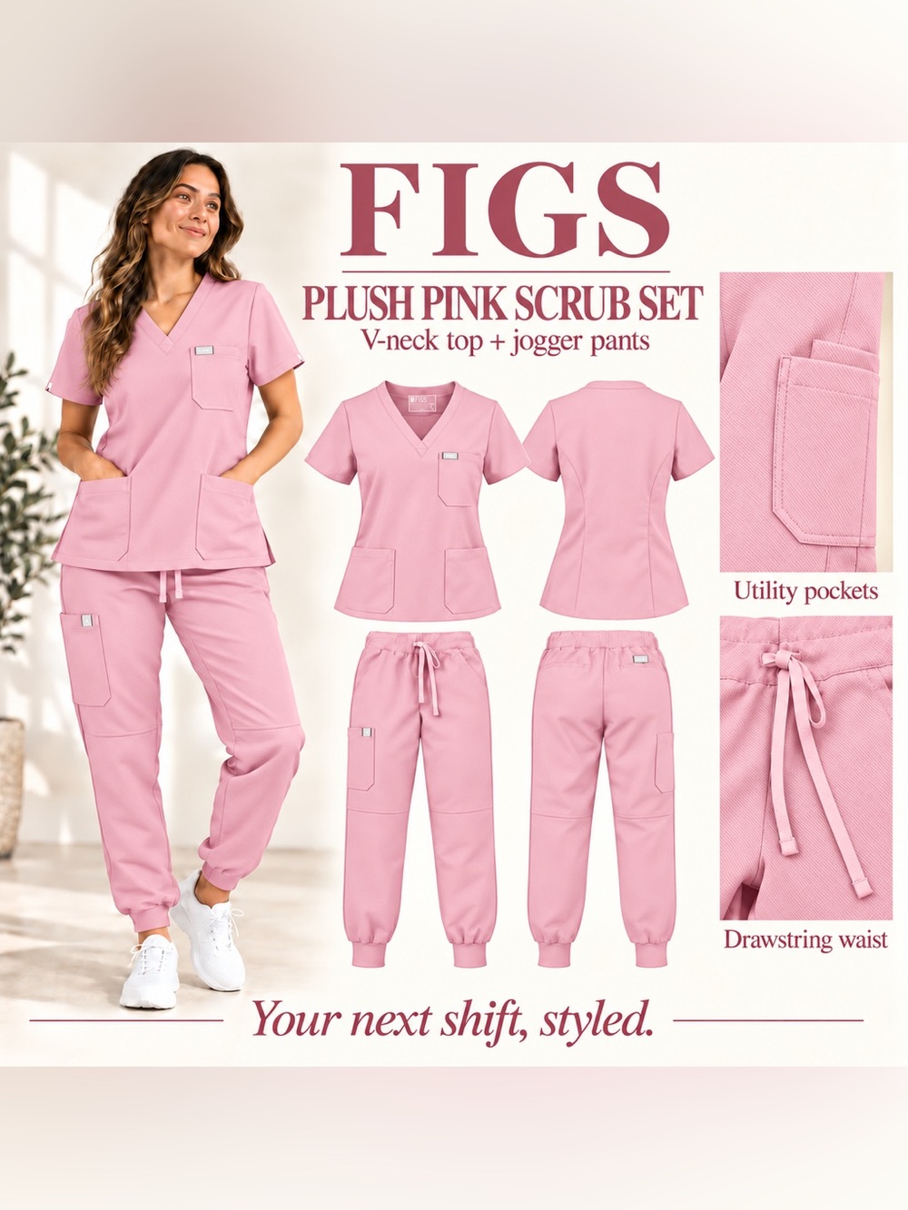 FIGS Plush Pink V-Neck Scrub Top and Jogger Pants Set